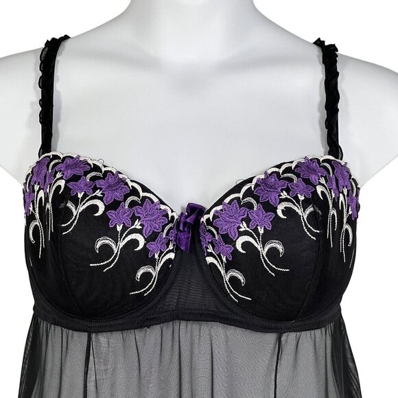 Cacique Womens 22-24 Babydoll Lingerie Black Purple Floral Embroidered Bows Sexy - Picture 5 of 11
